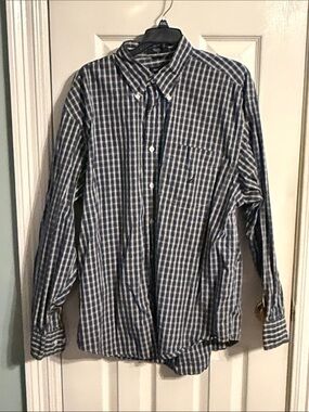 Nautica Blue and White Plaid Cotton Button-Down Shirt